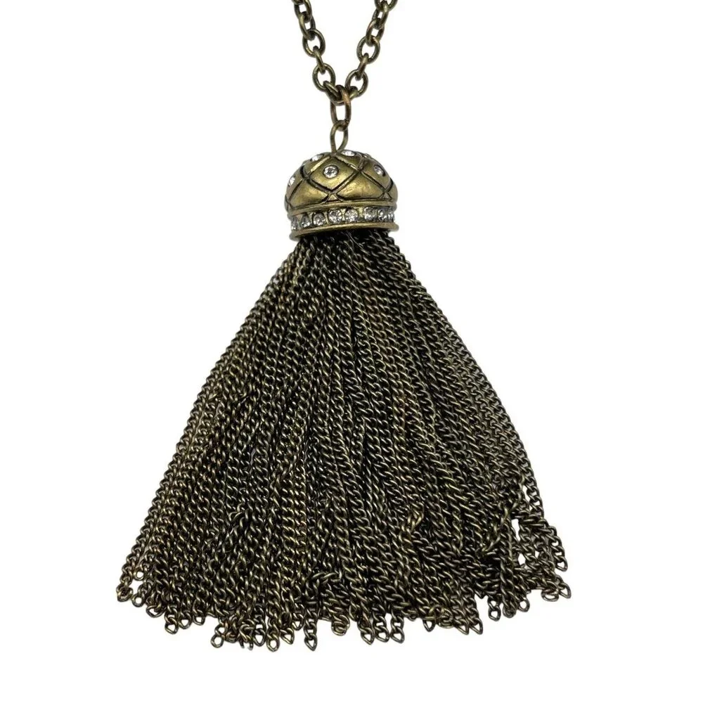 J Crew Pavé Clear Rhinestone Dome Tassel Chain Necklace‎ Gold Tone Adjustable